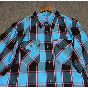 Dixxon vice city button up shirt medium bamboo poly blend plaid short sleeve